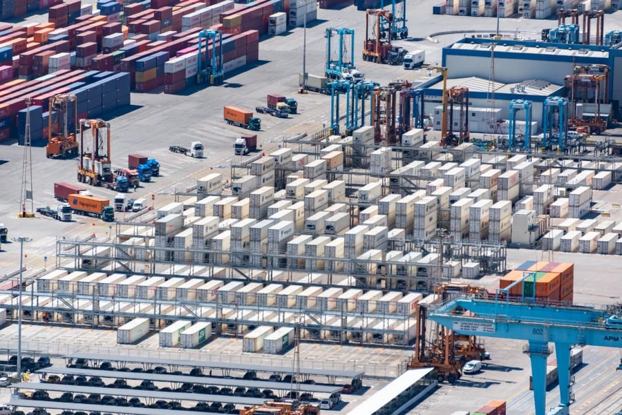 Aerial view of a cargo port and logistics operation